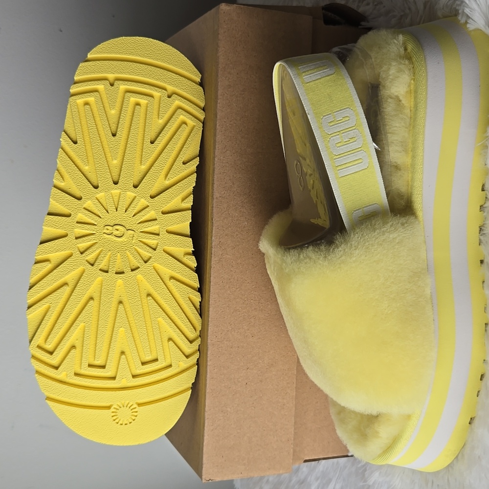 UGG Women's Disco Slide Bright Yellow Fluffy Platform Slippers Women's US 6 - Picture 4 of 4